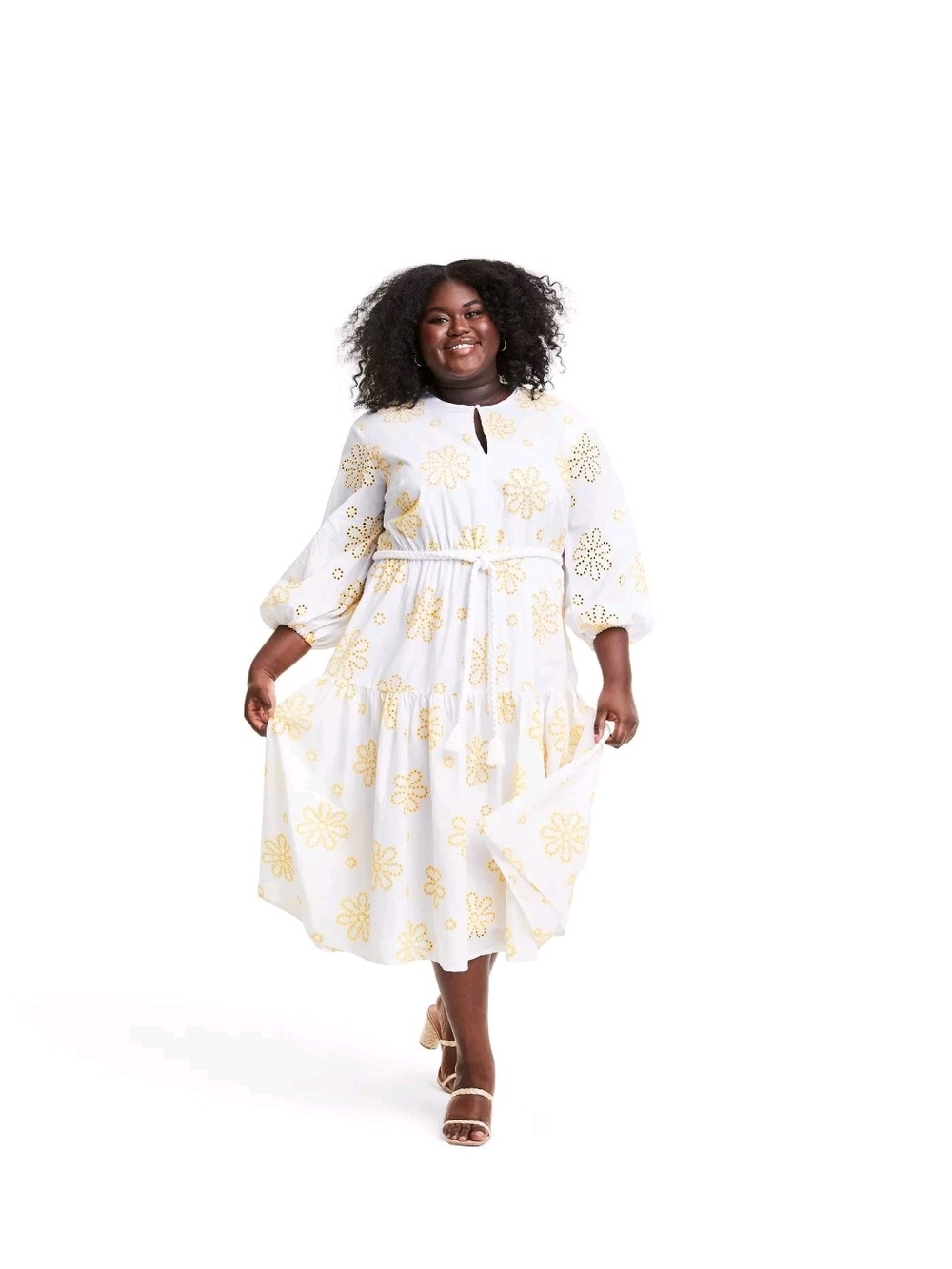 Alexis White Midi Dress with Yellow Floral Eyelet